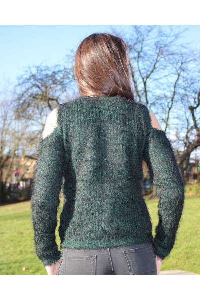 GREEN HAIRY COLD SHOULDER JUMPER