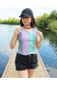 Tankini (Top) with back neckline and pink and green print.