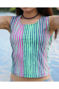 Tankini (Top) with back neckline and pink and green print.